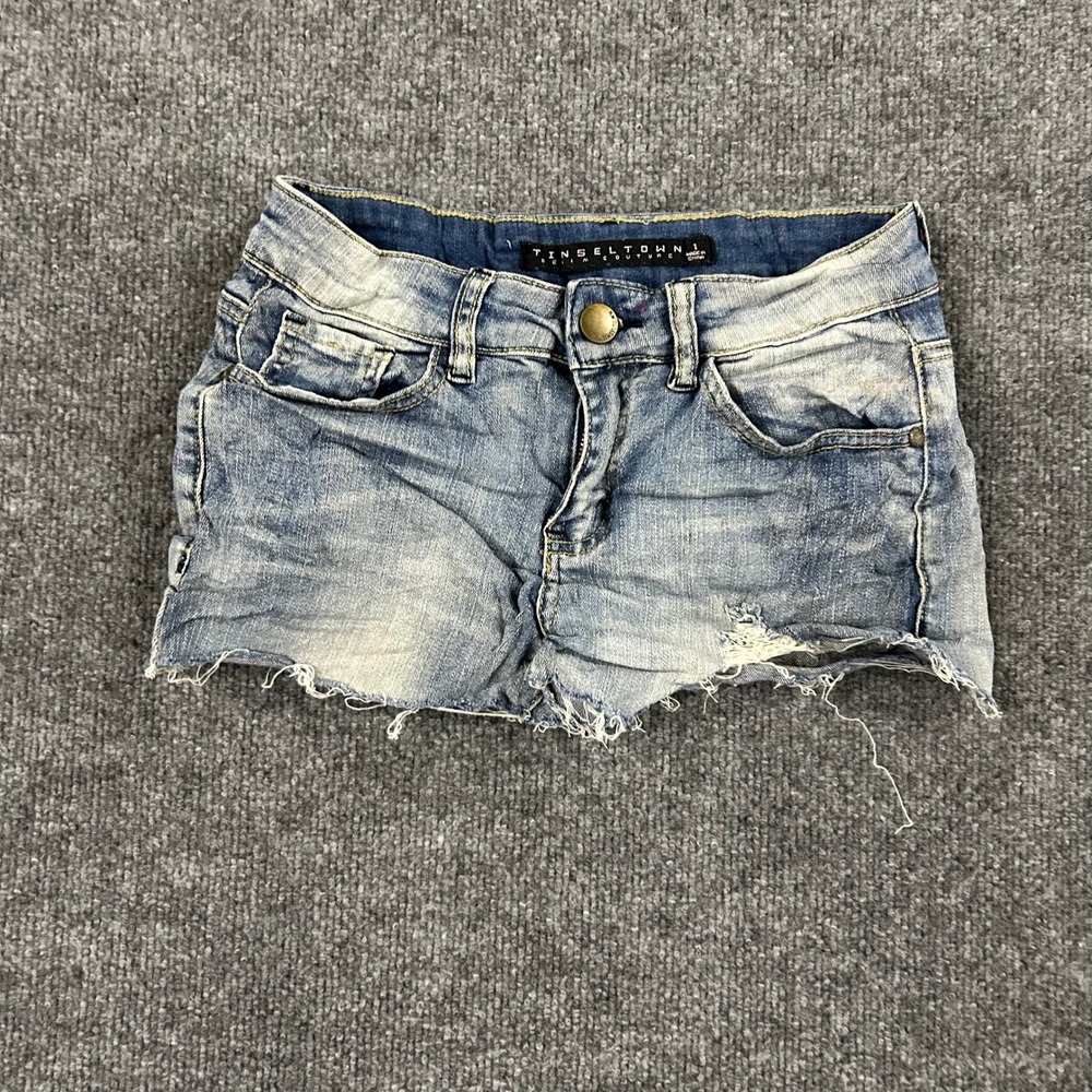 Tinseltown Denim Shorts Womens Size 1 Blue Distressed Raw Hem Slim Fit Casual